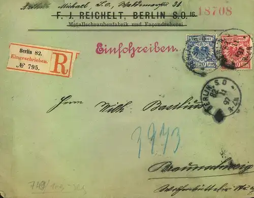 1897, Einschreiben 10/20 Pf. Krone/Adler ab "BERLIN 82". Seltenes "spätes" Postamt("2