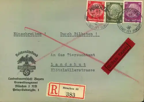 Einschreiben / Eilboten ab "MÜNCHEN432", Absender "Reichsnährstand"