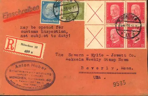1933, 2 bessere Hindenburg Zusammendrucke auf R-Brief ab MÜNCHEN 13 nach USA