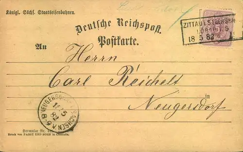1882, Bahnpost Ra3 "ZITTAU-STADT - LÖBAU" auf Vordruckkarte "Königl. Sächs. Staats Eisenbahnen"