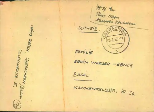 1947, Auslandsbrief ab OBERACHERN mit seltenem, , handschriftlichem Vermerk "Taxe perue75 Pf."