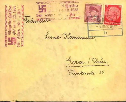 1938, SUDETENLAND Brief mit MiF und seltenem Befreiungsstempel "Glasgebiet Haida gibt am 4.12.1938 den Führer sein "Ja".
