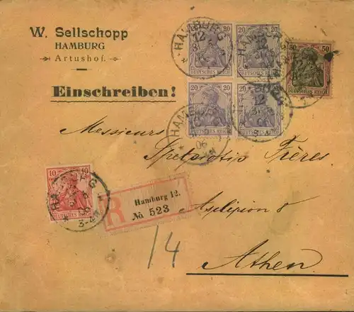 1906, dekoratives Einschreiben mit Germania-Frankatur ab HAMBURG