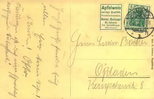 1911, Ansichtskarte ab OSNABRÜCK mit 5 Pfg. Germania und Reklame "Apfelwein" neben geklebt
