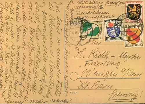 1946, Auslandskarte (45 Pfg.) ab KONZSTANZ in die Schweiz.