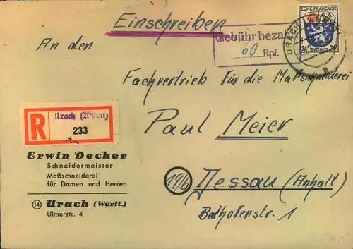 1946, Einschreiben ab URCH mit Teilbar- Frankatur 24 Pfg. und "Gebühr bezahlt "60""