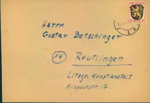 1945, 23.12., Fernbrief aus TÜBINGEN mit 12 F Allgemeine Ausgabe. Seltene Frühverwendung