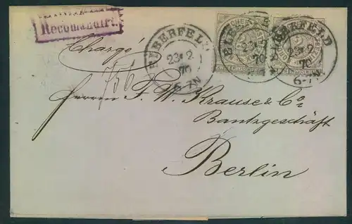 1870, Einschreiben aus Elberfeld mit schwarten Tackestempel "§Recommandirt"
