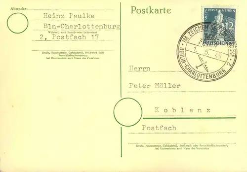 1949, Postharte mit 12 Pf. Stephan und Sonderstempel zum 1. Mai