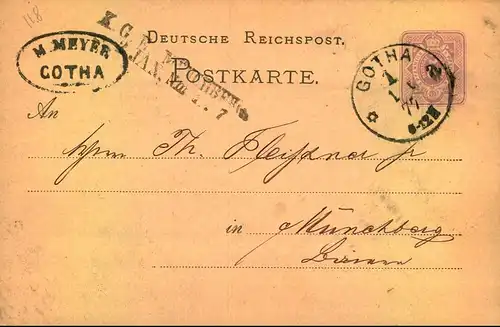 MÜNCHBERG, Karte aus Gotha mit L2 "K.G.E. (Königliche Güter Expedition) MÜNCHBERG 2. JAN Nm 1877.