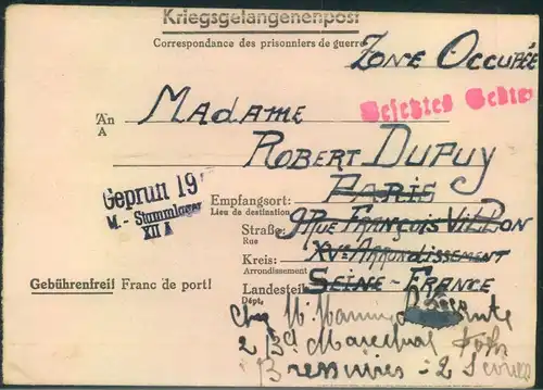 Krieggefangenenbrief aus Stammlager XUU A (Limburg in das besetzte Frankreich