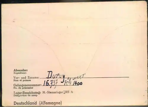 Krieggefangenenbrief aus Stammlager XUU A (Limburg in das besetzte Frankreich