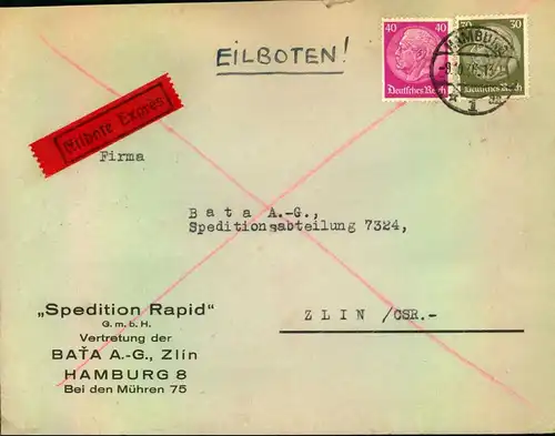 1936, Eilbrief mit seltenem 70 Pf. Sonderporto (20+50) ab HAMBURG nach Zlin (CSR)