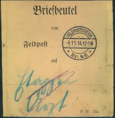 1914, Briefbundzettel  mit Taggesstempel "FELDPOSTSTATION Nr. 46"