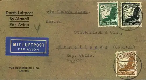 1937, Luftpostbrief von HAMBURG nach MADELLANES, im äußersten Süden von Chile