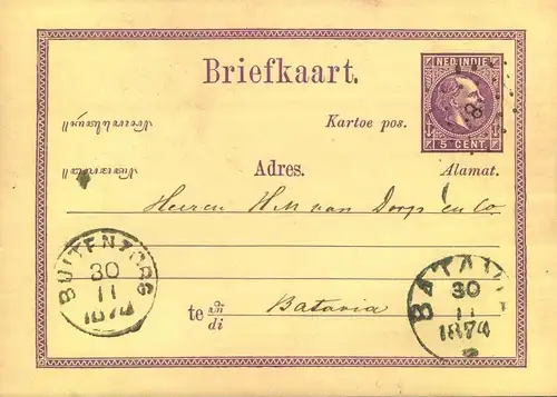 1870, 5 Censt stationery card from BUITENZORG to Batavia
