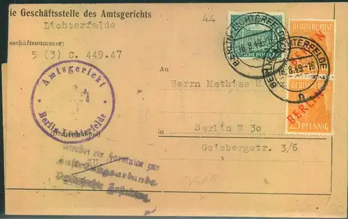 1949, 25 Ofg. Rotaufdruck 2-mal mit Zusatz auf Ortszustellung ab "BERLIN-LICHTERFELDE"