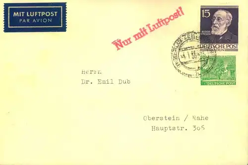 1955, 15 Pf. Virchow mit 10 Bauten auf Brief ab BERLIN-ZEHLENDORF m. "Nur mit Luftpost"