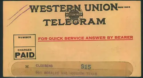 1926, WESRERN UNION, Notice ofn on-delifery of telegrams - return to Houston frim Sabta Fe office