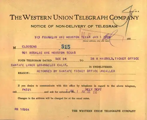 1926, WESRERN UNION, Notice ofn on-delifery of telegrams - return to Houston frim Sabta Fe office