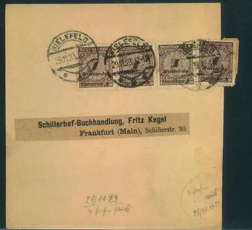 1923, Streifband mit MeF ab "BIELEFELD 29-11-23"