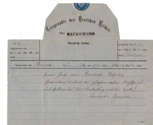 1874, Telegramm aus RATZEBURG, dekorativer Vordruck