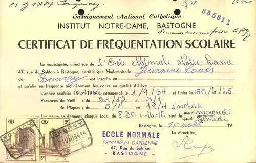 Certificat de Fréquentation  „Exole Normale“ Bastogne