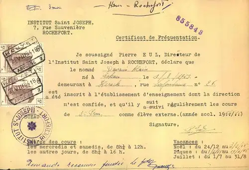 Certificat de Fréquentation „Exole Normale“ Bastogne