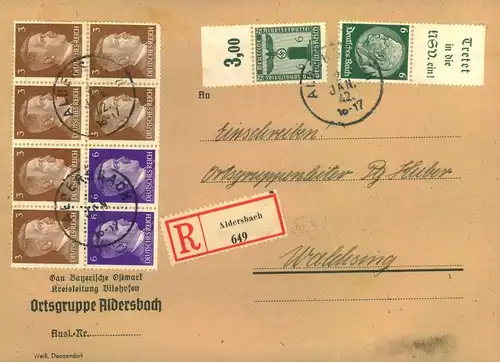 1942, Dienst-Einschreiben mit MH- und Dienstmarkenfrankatur ab ALDERSBACH