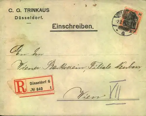 1916, 30 Pf. Germania als EF auf Einschreiben ab DÜSSELDORF mit Zensur