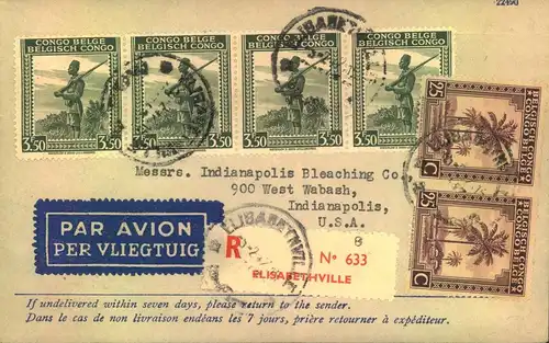 BELGISCH KONGO:1947, registered airletter from ELISABETHVILLE to USA