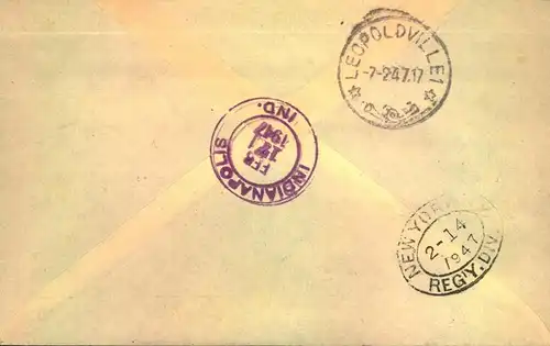 BELGISCH KONGO:1947, registered airletter from ELISABETHVILLE to USA