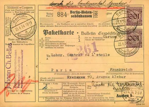 1934, 100 Rentenpfennig (MeF) auf kompletter Paketkarte ab "BERLIN-HOHEMSCJÖNHAUSEN" nach Frankreich