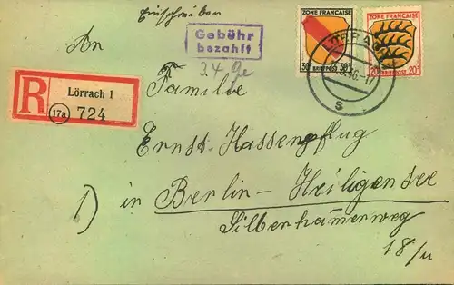 1946, Einschreiben mit Teil-Barfrankatur (Gebühr bezahlt" "34") ab Lörrach