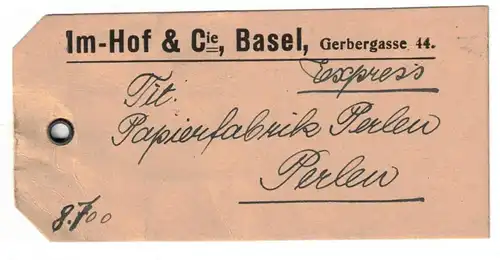 1923, hoch frankierter Kofferanhänger (8,7 kg) per Express von Basel nach Perlen