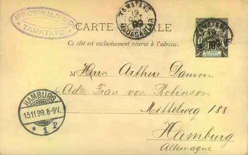 1899, INCOMING MAIL Hamburg: 10 C. Ganzsachenkarte aus TANANARIBE, Madagaskar.