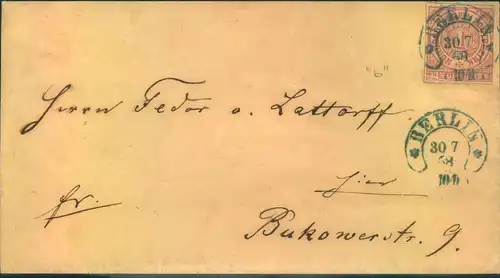 1868, "BERLIN" Hufeisenstempel auf Umschlag mit 1 Groschen durchstochen
