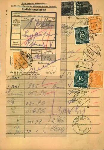 1948, 25 Pf. Arbeiter als EF auf Einlieferungsscheinfür ein Paket ab „BERLIN N 96“zzsammen mit anderen frankierten Einli
