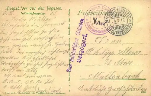 1916, Karte "BAYER. FELD-POST EXP. ,it L2 "Aus militärischen Gründen verzögert"