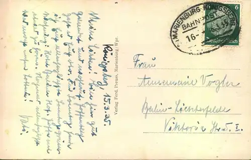 1935, BAHNPOST Ovalstempel "MARIENBUR - KÖNIGSBERG" auf Postkarte (Tannenberg-Denk,aö