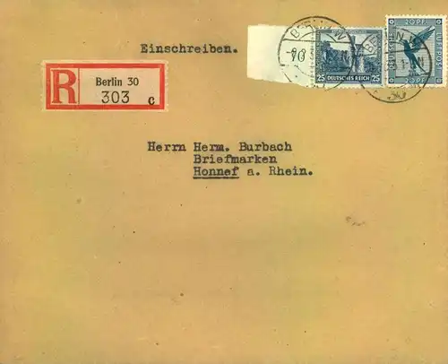 1933, 25 Pf. Nothilfe mit Zusatz auf Einschreiben ab BERLIN 30