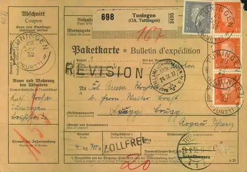 1932, Auslandspaketkarte ab TUNINGEN in dis echweit