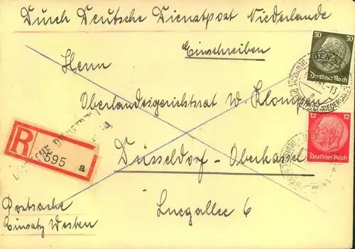 1941, DEUTSCHE DIENSTPOST NIEDERLANDE", Einschreiben mit Inhalt Inhalt ab DEN HAAG