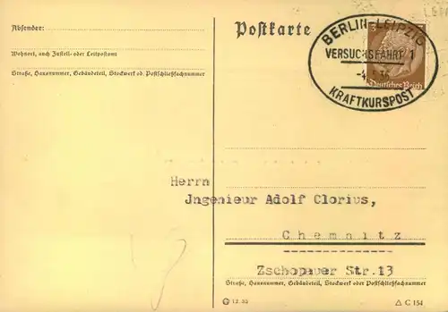 1935, "BERLIN - LEIPZIG KRAFTKURSPOST VERSUCHSFAHRT§ auf Blanko Druchsachenkarte