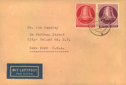 1951, 20 und 40 P. Glocke links auf Auslandsbrief ab BERLIN-CHALOTTENBURG nach USA
