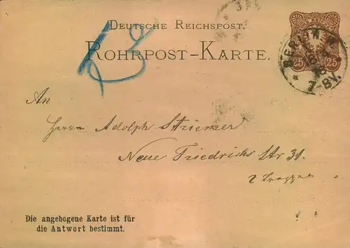 1878, ROHRPOST -Fragekarte gebraucht