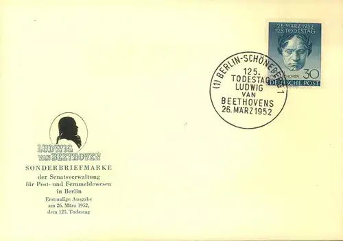 BEETHOVEN: 1952, 30 Pf (Michel 87) auf amtlichen FDC