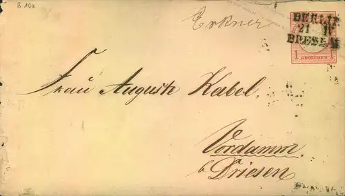 1872, 1 Groschen Ganzsachenumschlag per Bahnpost "BERLIN-BRESLAU" mit handschriftlicher Übernahme "Erkner"