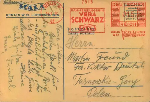 1932, seltener Freistempel "Kammersängerin Vera Schwarz" Berlin W 62 auf Werbekarte der "Scala"