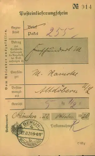 1920, 22.10.: BERLIN-SCHÖNEBERG früher Stempel, nach der Eingemeindung am 1. Oktober 1920, auf Postschein